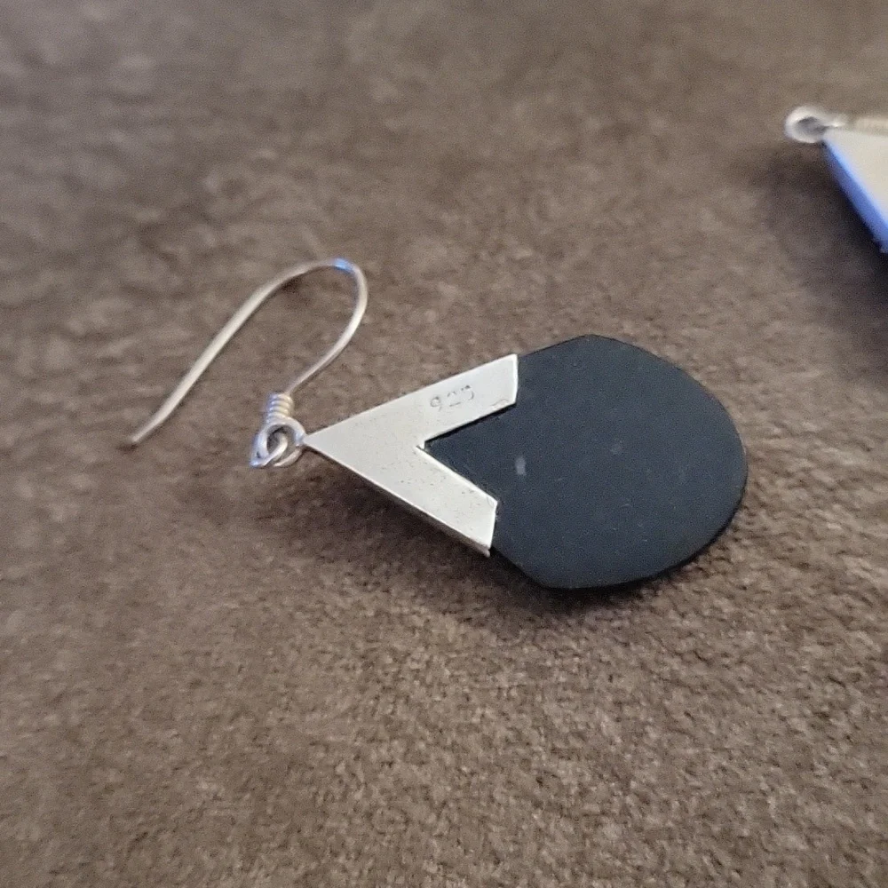 VTG Estate Art Deco Onyx Sterling Silver Teardrop Dangle Hook Earrings